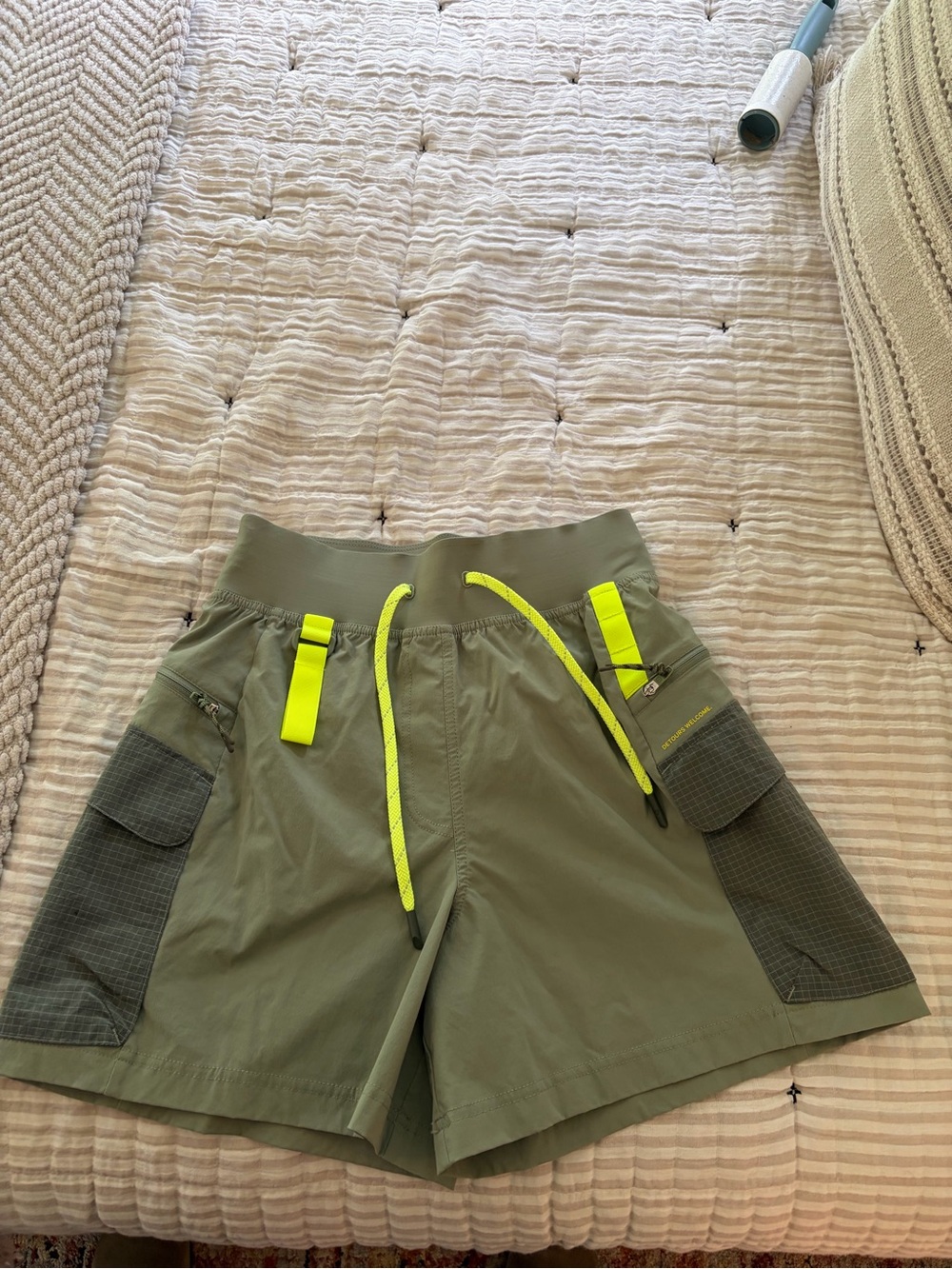Lulu Lemon Women’s Olive Utility Shorts with Neon Accents